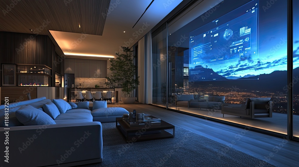 Aufkleber smart home setup featuring a vr interface projected onto a transparent screen, with subtle ambient l
