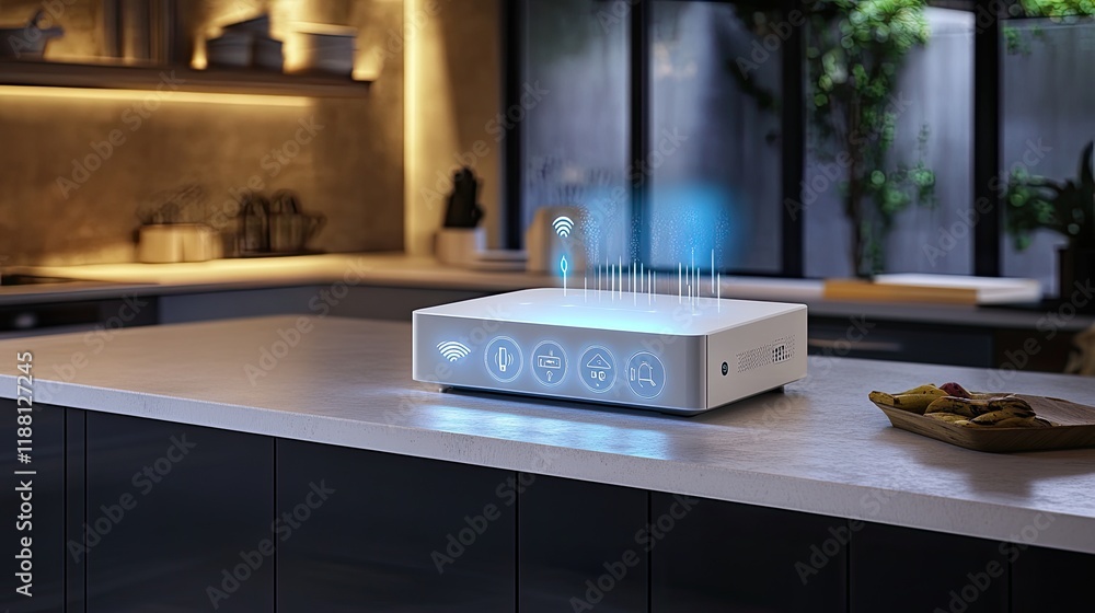 Poster smart hub controlling home devices on a countertop, with holographic display showing connectivity be
