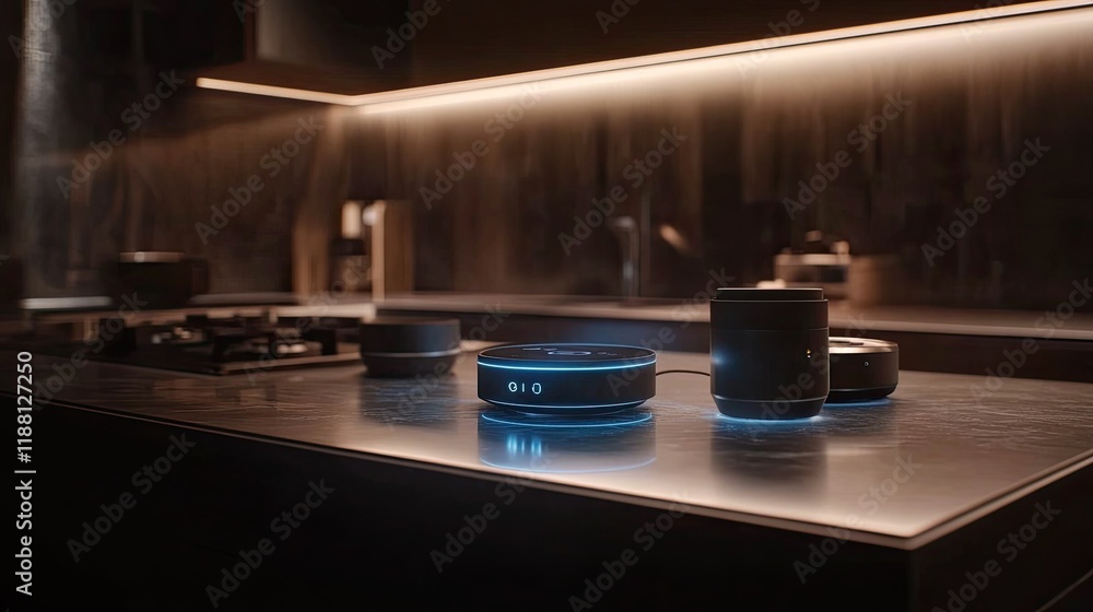 Poster smart hub controlling home devices on a countertop, with holographic display showing connectivity be
