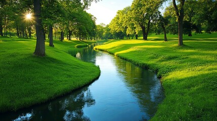 Naklejka premium Serene Stream: Lush Green Park Landscape in Sunlight