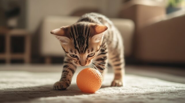 A playful Bengal kitten engages with a ball inside a cozy room, showcasing the curious nature of a Bengal kitten during its playful antics with the ball.
