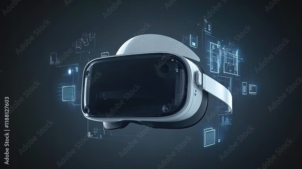 Poster virtual reality device surrounded by glowing holographic ui elements of smart technologies like heal
