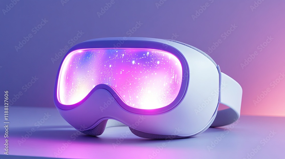 Poster vr goggles with glowing holograms representing connected smart systems, placed against a gradient fu