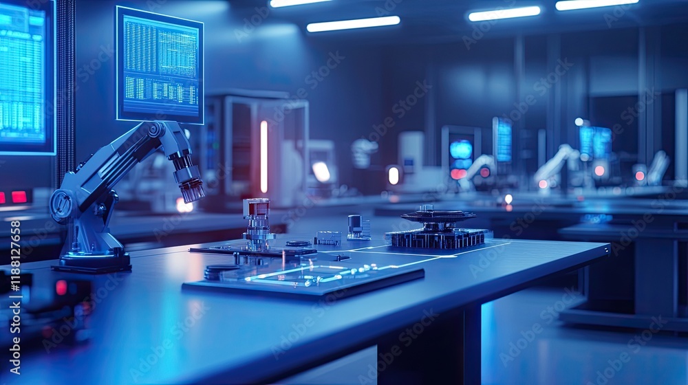 Poster d-printed robotic parts illuminated with soft neon lights in a modern engineering studio.