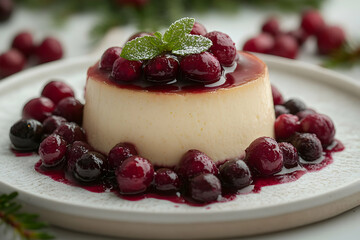 Creamy Custard Dessert with Cranberry Sauce and Mint Garnish