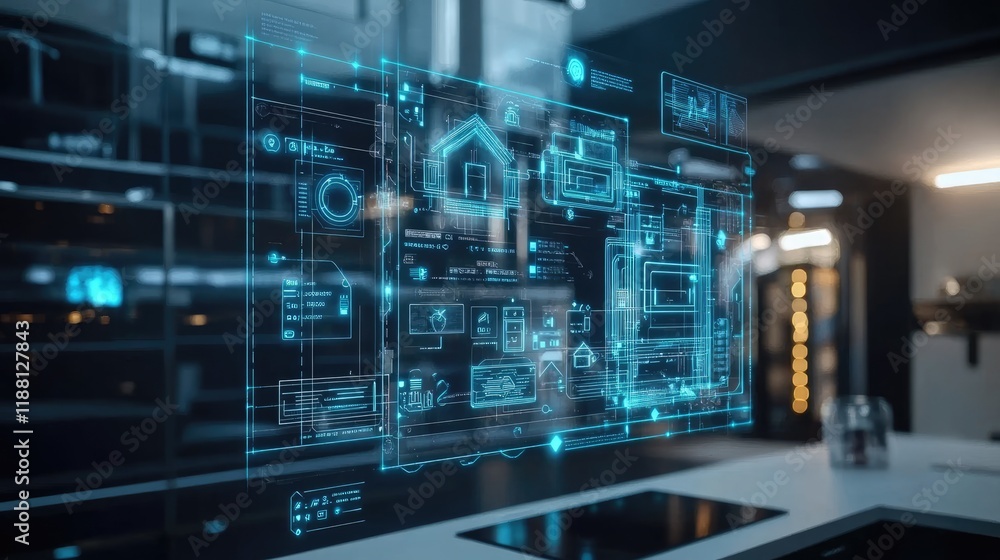 Poster d holographic projection of smart home integration, displayed in a futuristic vr setup with glowing 