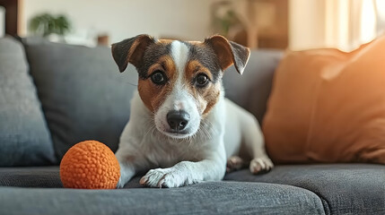 Adorable Jack Russell Terrier resting on a couch with a toy, home interior background