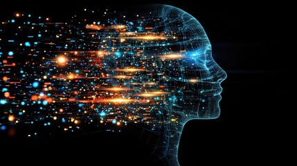 Abstract AI digital face composed of glowing pixels and data streams in a futuristic, clean environment.