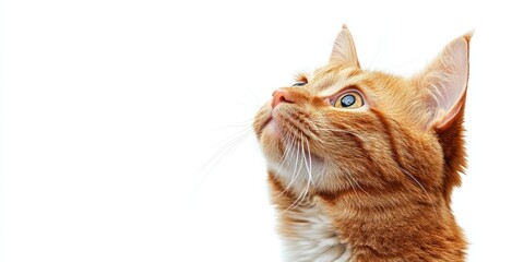 An Orange Mackerel Tabby cat is gazing upward while being isolated against a white background. This Orange Mackerel Tabby is distinctly looking up in a clean setting.