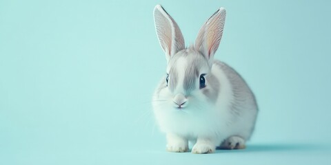 Obraz premium Adorable bunny rabbit against a light blue background. This small white and gray bunny rabbit is isolated on white, making it an ideal Easter symbol and a beautiful representation of a lovely pet.