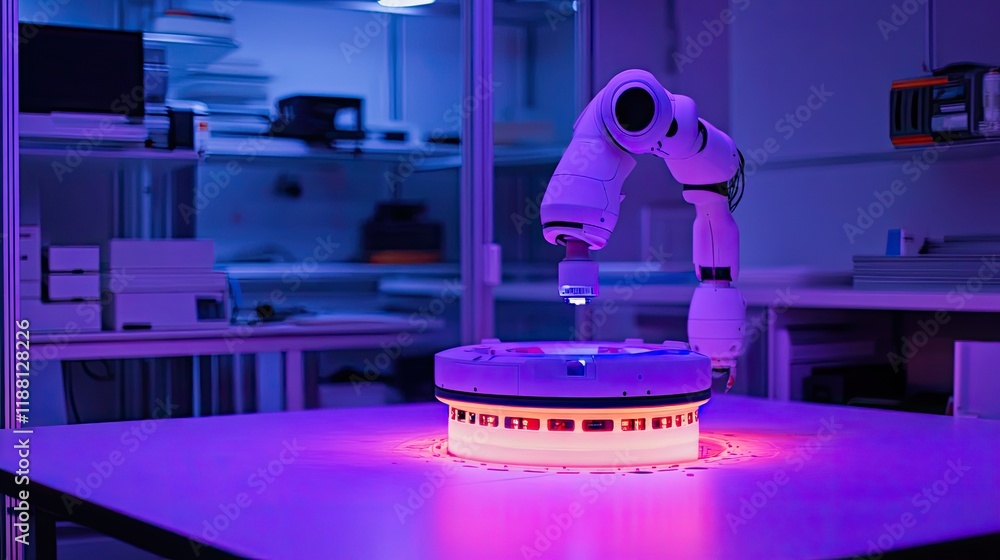 Poster advanced robotics equipment illuminated by glowing light, set against a high-tech background.