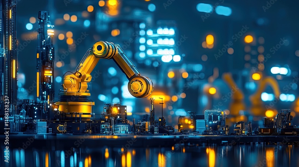 Poster advanced robotics equipment illuminated by glowing light, set against a high-tech background.