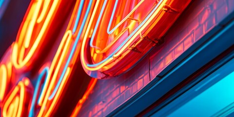 Obraz premium Close up view of a vintage red neon sign glowing against a backdrop of blue light, highlighting the vibrant red neon sign s unique charm and nostalgic appeal.