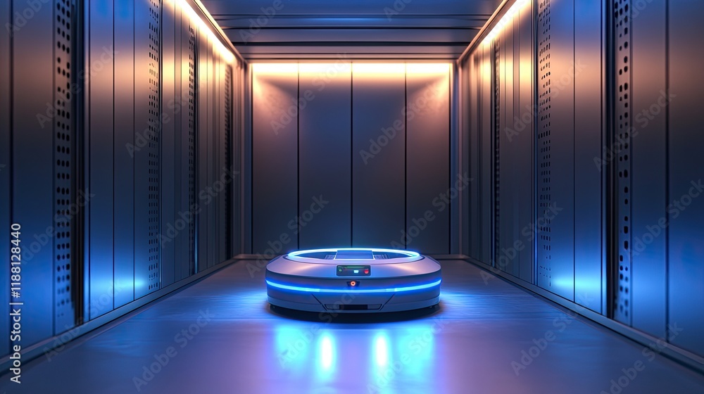 Poster an automated robotic cleaner navigating a spotless futuristic room with glowing sensors.