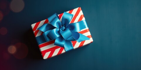 Obraz premium A single red and white striped gift box with a blue bow sits on a blue background, a celebration of giving.