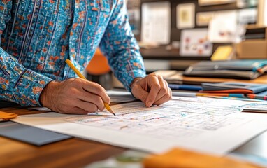 A designer's hands meticulously trace intricate patterns onto paper, creating a vibrant and detailed design. The scene exudes focus and creativity.