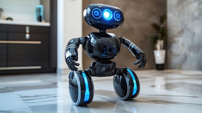 An autonomous robot with advanced cameras and sensors navigating through a smart home environment.