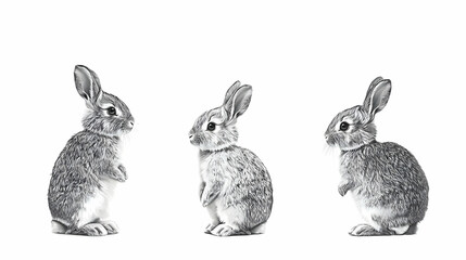 Fototapeta premium Three baby rabbits standing, side-by-side, on a white background, illustration style