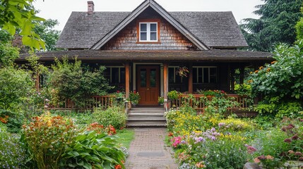 Charming wooden house surrounded by vibrant garden blossoms