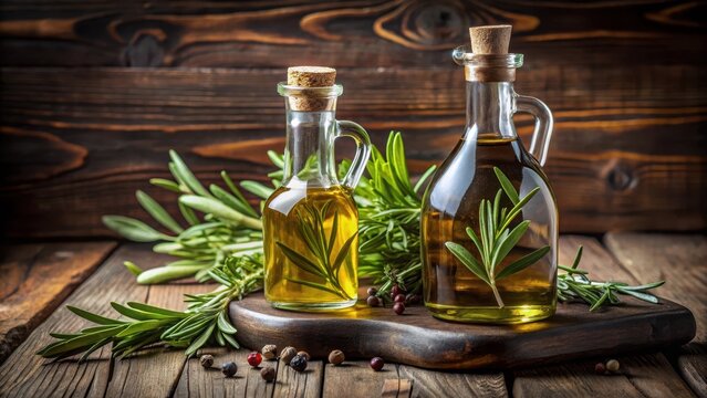 Olive oil and wine vinegar infused with rosemary and sage, sitting on a wooden table, condiment, wine vinegar