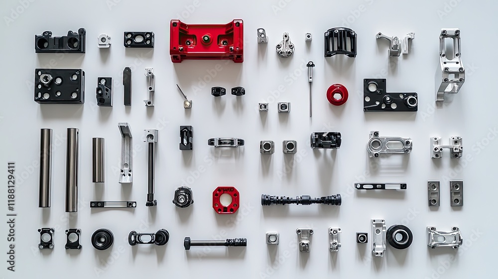 Poster a collection of modular robotic parts with different connectors, ready for innovative robotic projec