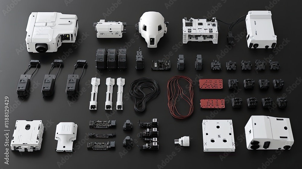 Poster a collection of modular robotic parts with different connectors, ready for innovative robotic projec