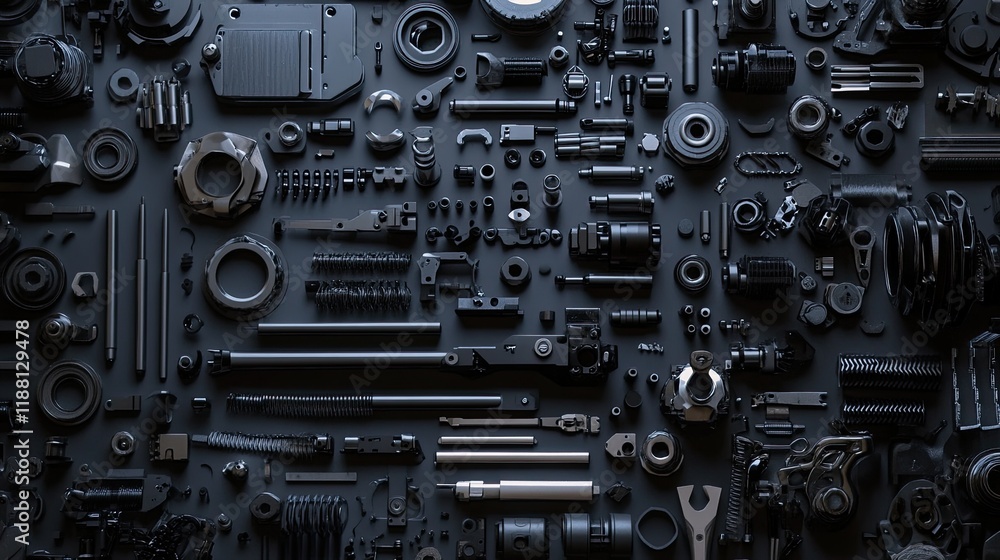 Poster a collection of robotics engineering tools and metal components arranged in a pattern.
