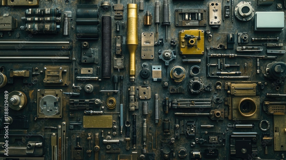 Poster a collection of robotics engineering tools and metal components arranged in a pattern.