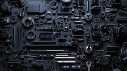 A collection of robotics engineering tools and metal components arranged in a pattern.