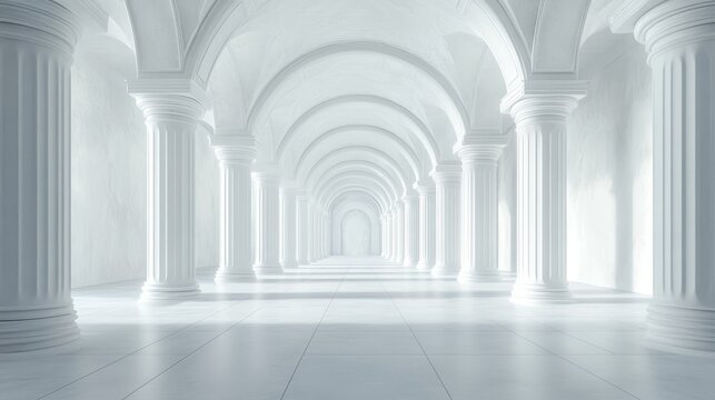 White classical colonnade hallway with arches and pillars.