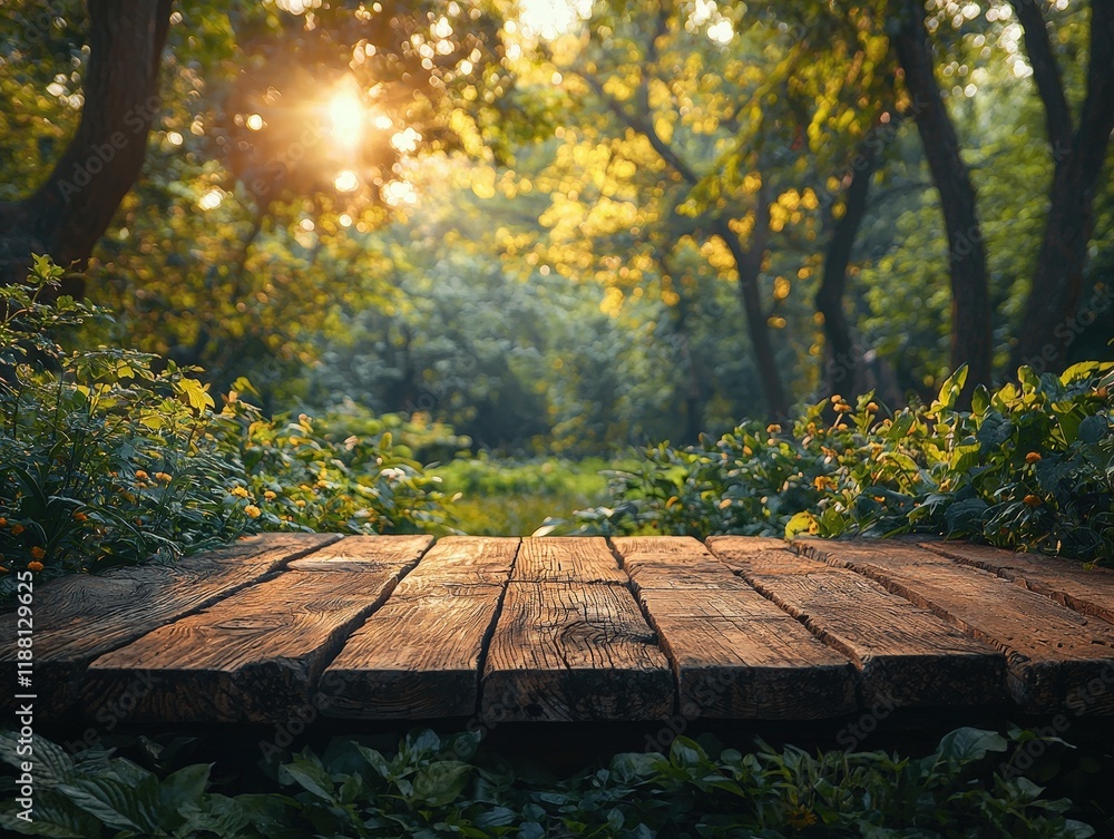 Poster a wooden platform sits in a sun-drenched forest scene, with light filtering through the trees, creat
