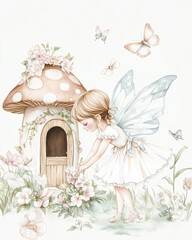 whimsical fairy tending to flowers near cozy mushroom house, surrounded by butterflies and delicate blooms, evokes sense of magic and tranquility