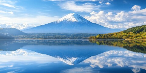 Naklejka premium Mountain Fuji reflected in a tranquil lake during spring captures the stunning beauty of Mountain Fuji. The serene spring scenery highlights Mountain Fuji s impressive presence in nature.