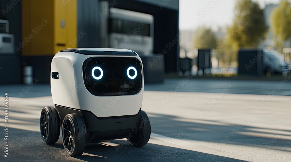 Poster a futuristic autonomous robot equipped with advanced ai systems, actively analyzing its surroundings