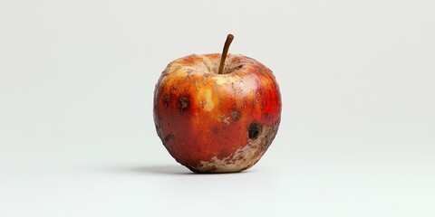 Rotten apple displayed in isolation on a clean white background, highlighting the unique features of the rotten apple and its contrasting colors against the bright backdrop.