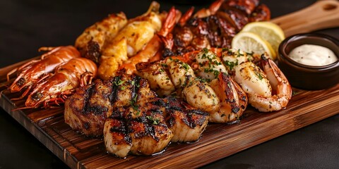 Grilled seafood platter displayed beautifully on a wooden plate, showcasing a variety of delicious grilled seafood, perfect for any seafood lover seeking a delightful dining experience.