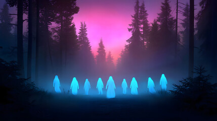 group of spectral figures gliding across dark forest at twilight, surrounded by tall trees and mystical atmosphere. scene evokes sense of mystery and intrigue