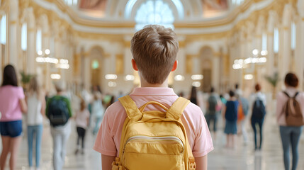 young boy with yellow backpack stands in grand museum, observing crowd of tourists. beautiful architecture and vibrant atmosphere create sense of wonder and exploration