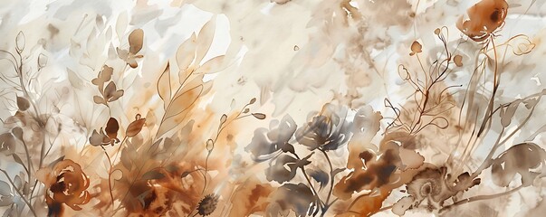 Abstract watercolor painting of dry flowers and plants in brown, beige, and white. Large canvas with flowing, organic forms.