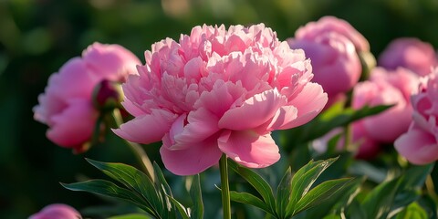 Pink peony flowers are beautifully blooming in the garden. This stunning peony variety features lush blooms and is scientifically known as Paeonia lactiflora, showcasing vibrant pink colors.