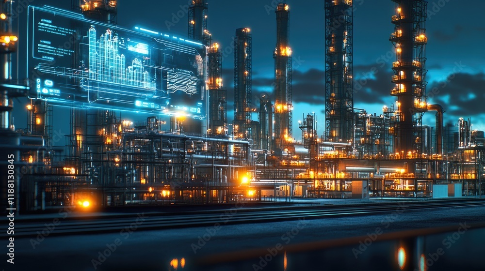 Poster a glowing holographic interface controlling automated systems in a futuristic smart energy plant.