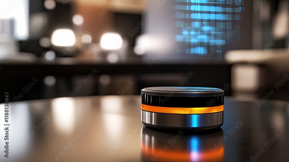 Poster a glowing vr device with futuristic sensors and integrated ai elements, resting on a smooth table, w