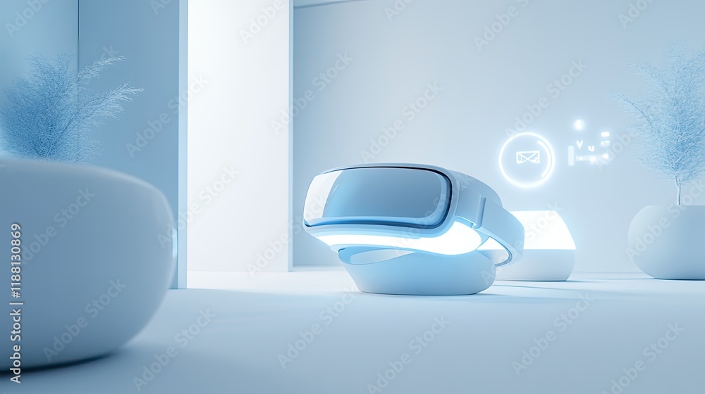 Poster a glowing vr headset surrounded by holographic iot controls and futuristic network graphics, in a mi