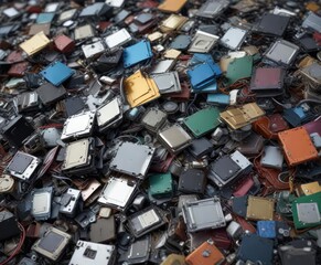 A jumbled collection of electronic scraps with different colors and textures, diodes, circuit boards, discarded gadgets