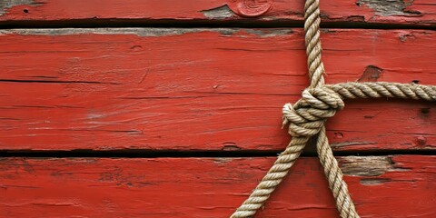 Old rope displayed against a backdrop of weathered red wooden planks creates a rustic and textured visual. The old rope enhances the character of the distressed red painted wood planks.