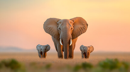 Fototapeta premium herd of elephants walking gracefully across African savanna at sunset, showcasing their majestic presence and familial bonds. warm colors of sky enhance serene atmosphere
