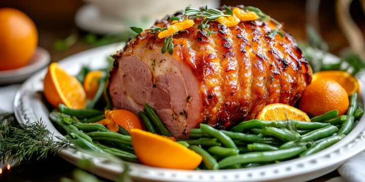 Delicious Easter baked ham elegantly plated with vibrant green beans and fresh oranges, creating a delightful presentation for your festive table featuring the popular Easter baked ham.
