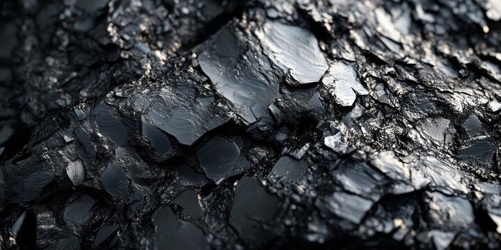 Closeup macro image of black lead zinc ore showcasing its unique irregular texture, reflecting the cold beauty of natural resources and the innovative approach of generative algorithm spatial design.