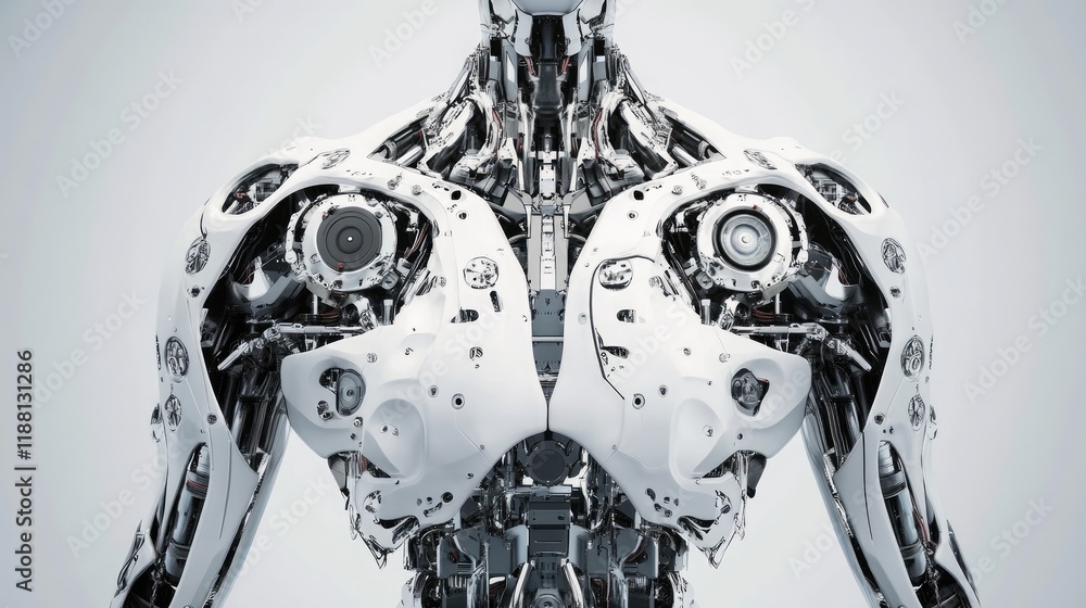 Poster a modular robotic torso with various interchangeable components, showcasing its scalable nature.