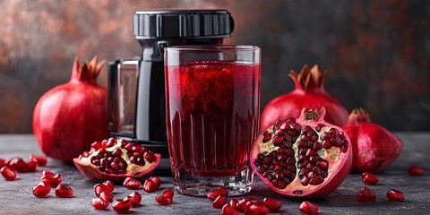 A refreshing glass of pomegranate juice alongside cut pomegranates and a pomegranate juicer, showcasing the vibrant essence of pomegranate juice in a lively setting.